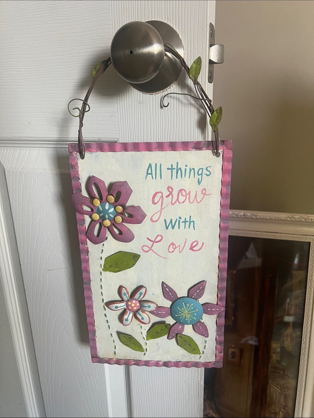 RARE Handmade Y2K Metal Pink Floral Wall Sign "All Things Grow With Love"